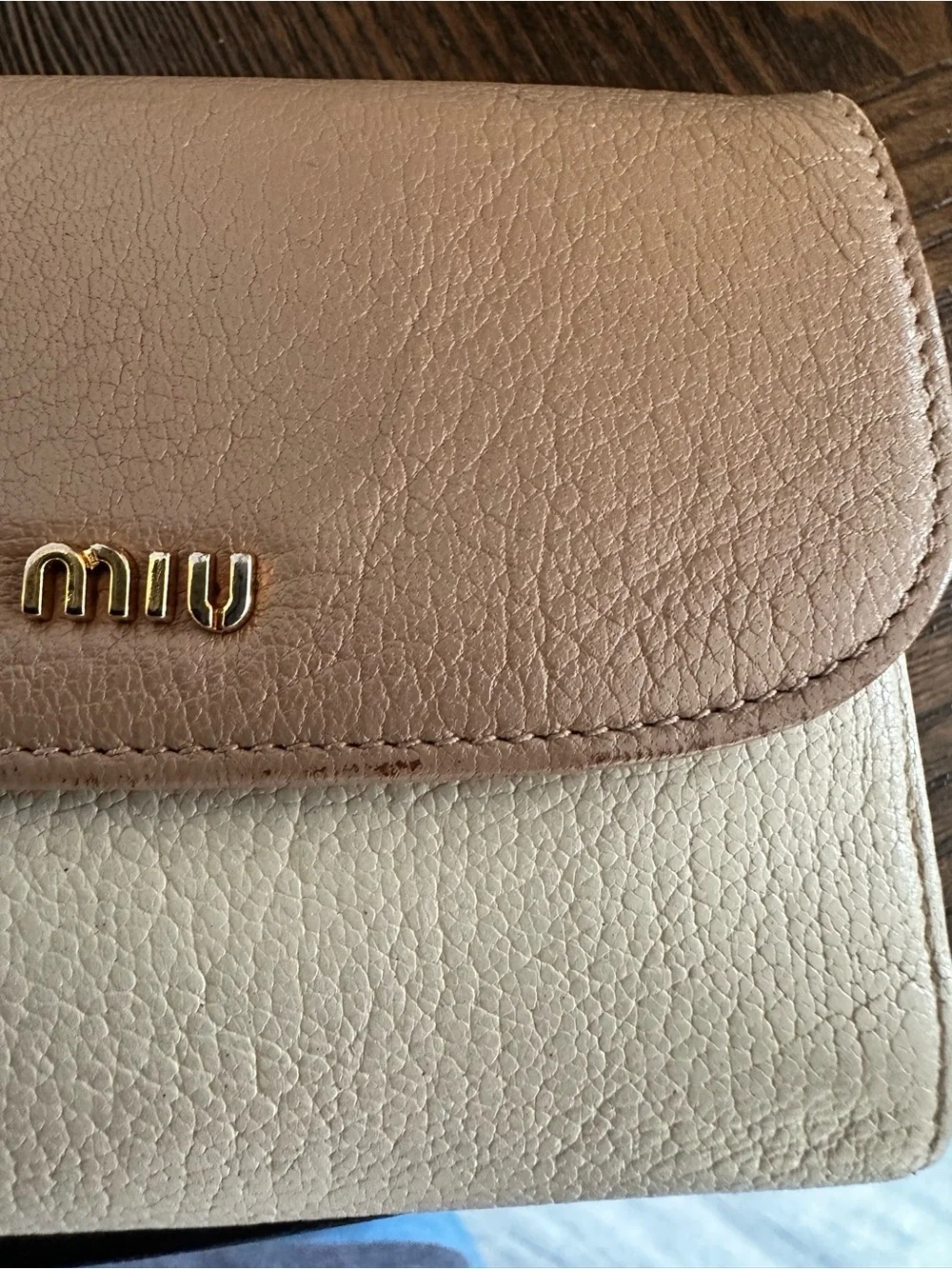 Miu Miu Two-Tone Beige and Cream Leather Flap Wallet
